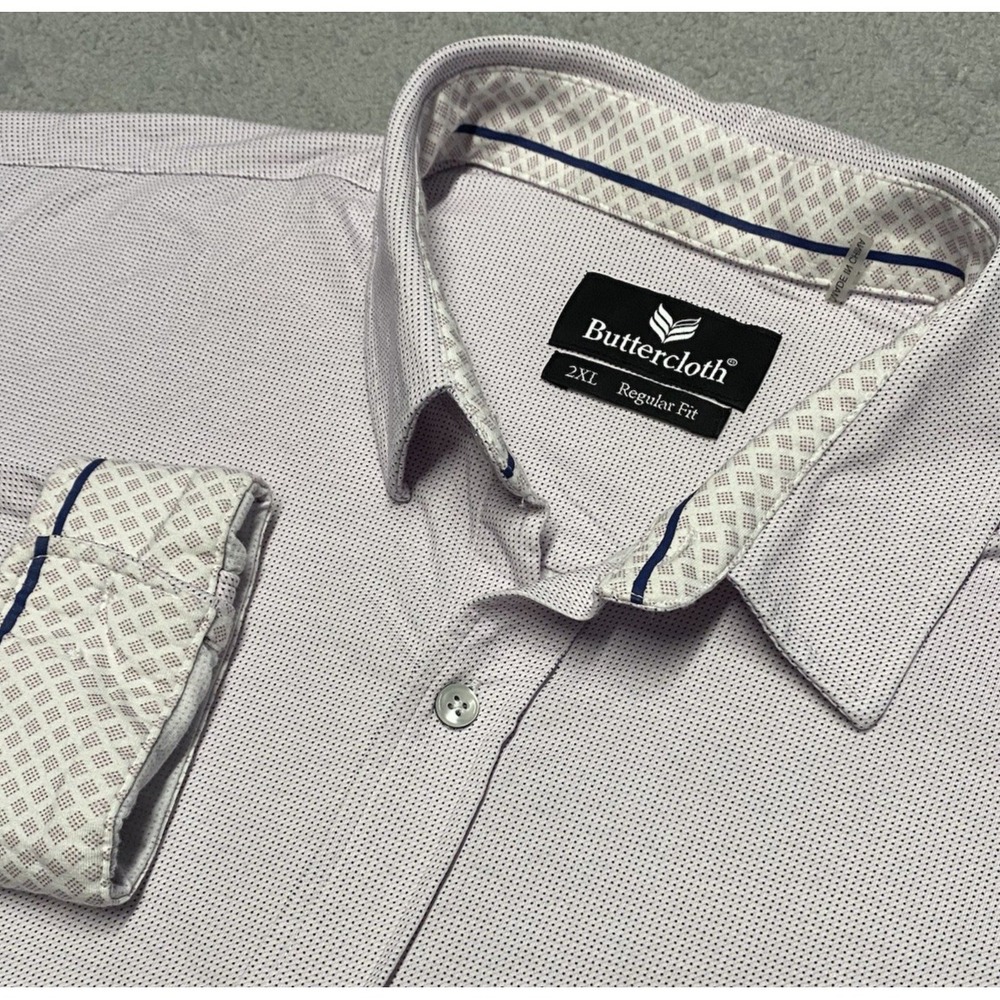 Butter Cloth Shirt Mens 2XL Pink Polka Dot Soft‎ Flip Cuff Stretch Casual Button